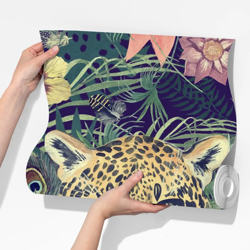 Fototapeta vintage akwarelowy lampart w tropikalnych liściach – Wallissimo® Fototapeta vintage akwarelowy lampart w tropikalnych liściach – Wallissimo®