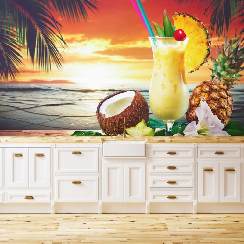 Fototapeta tropikalny zachód słońca na plaży z koktajlem