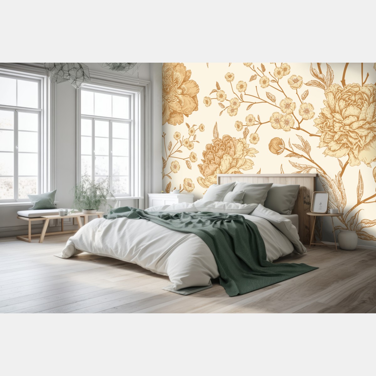 Wall mural vintage beige peony floral pattern
