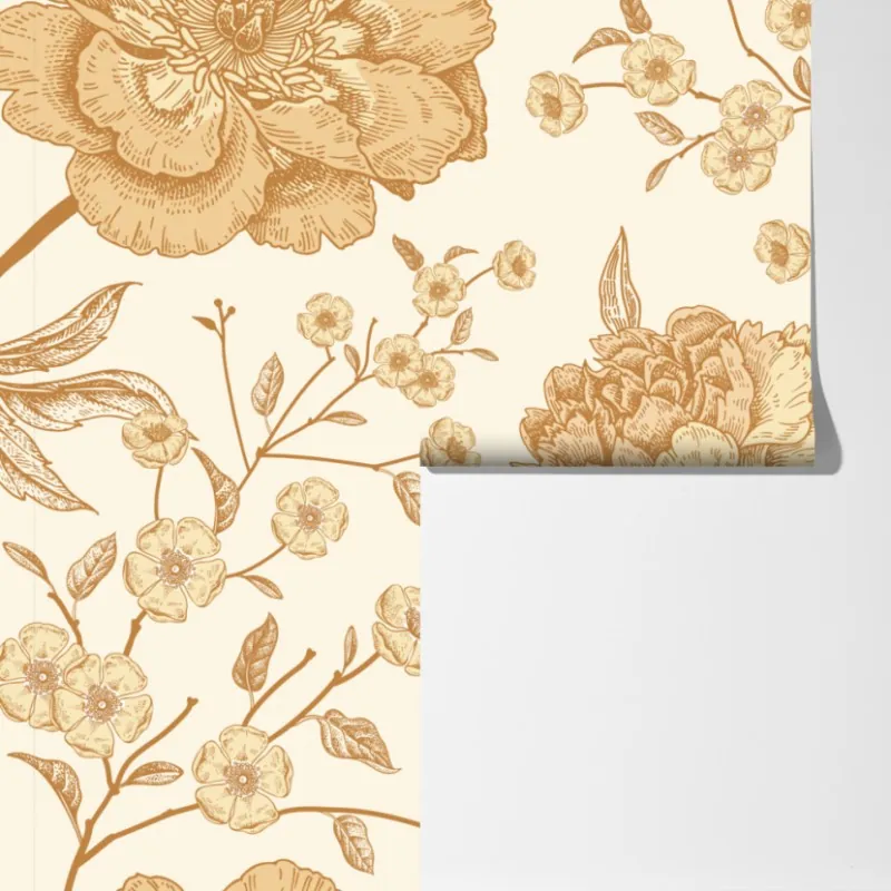 Fototapeta vintage beżowy wzór kwiatowy z peoniami – Wallissimo® Fototapeta vintage beżowy wzór kwiatowy z peoniami – Wallissimo®
