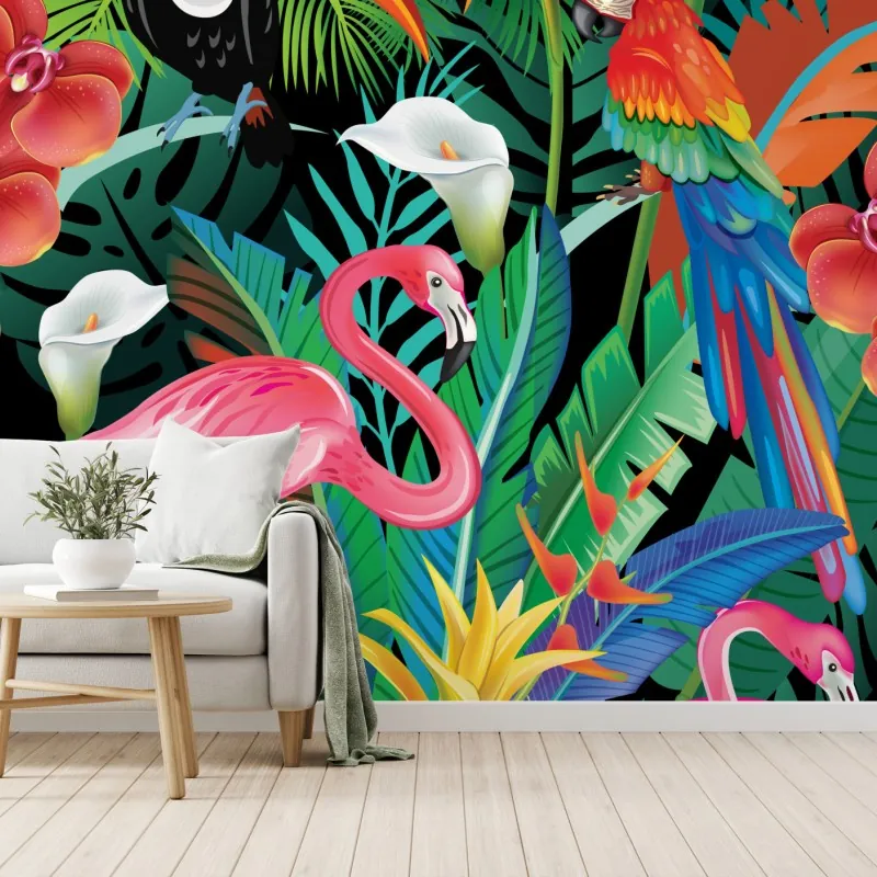 Fototapeta żywe tropikalne ptaki i kwiaty