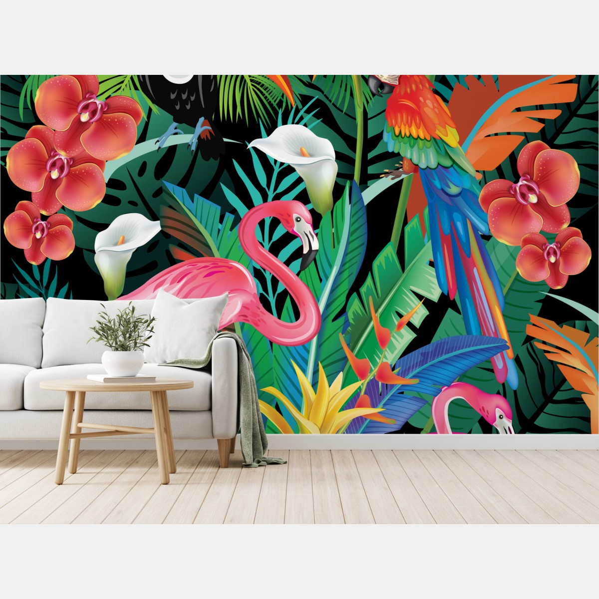 Wall mural vibrant tropical birds and flowers
