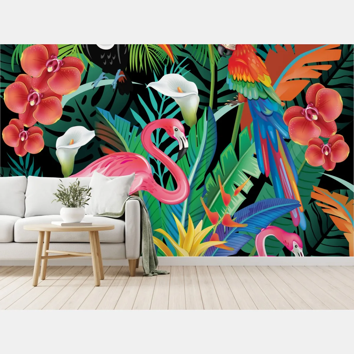 Fototapeta żywe tropikalne ptaki i kwiaty – Wallissimo® Fototapeta żywe tropikalne ptaki i kwiaty – Wallissimo®