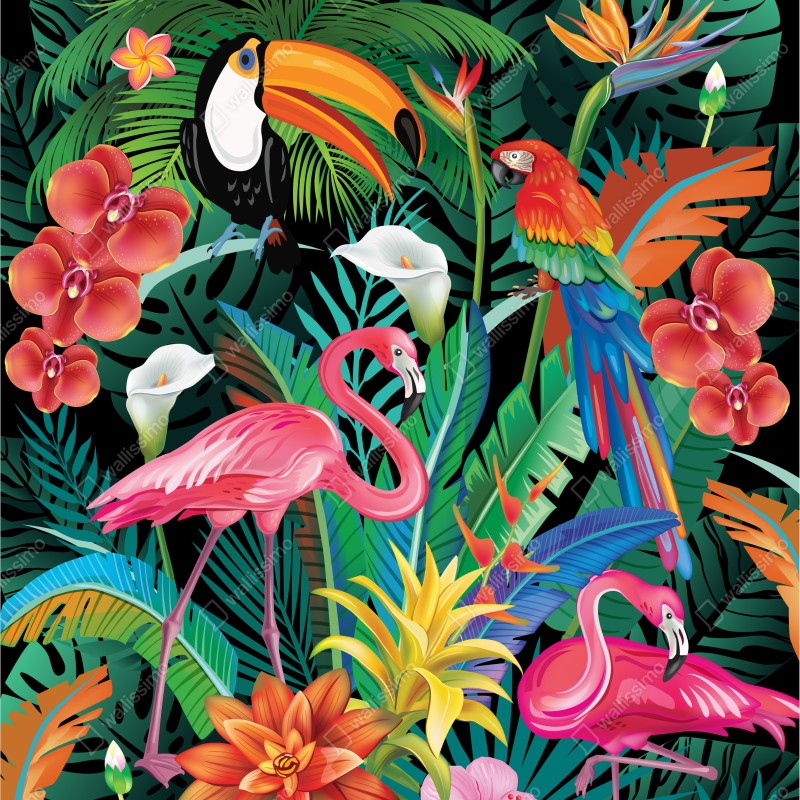 Fototapeta żywe tropikalne ptaki i kwiaty – Wallissimo® Fototapeta żywe tropikalne ptaki i kwiaty – Wallissimo®