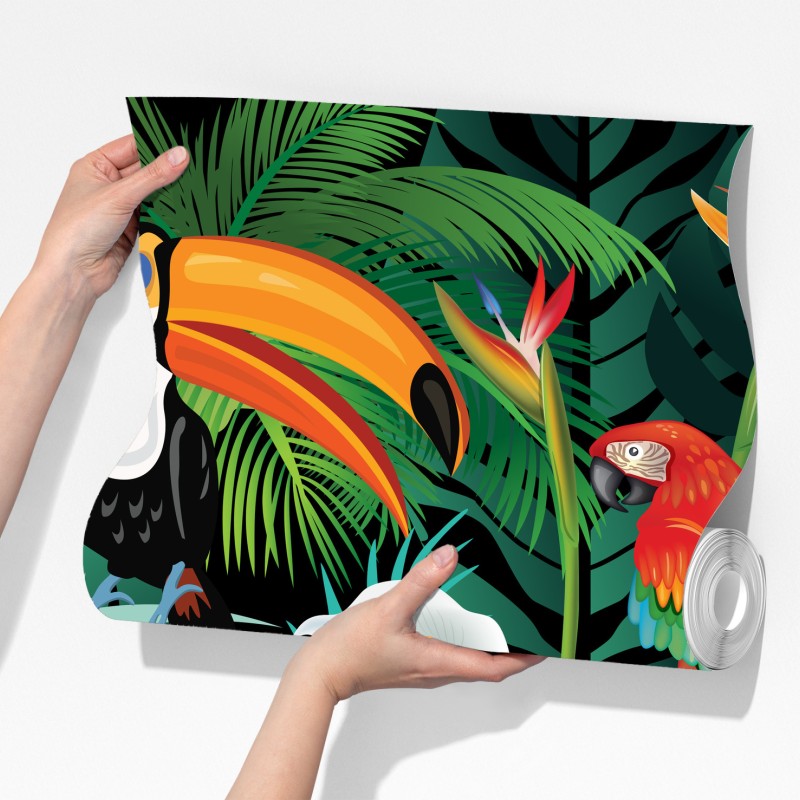 Fototapeta żywe tropikalne ptaki i kwiaty – Wallissimo® Fototapeta żywe tropikalne ptaki i kwiaty – Wallissimo®