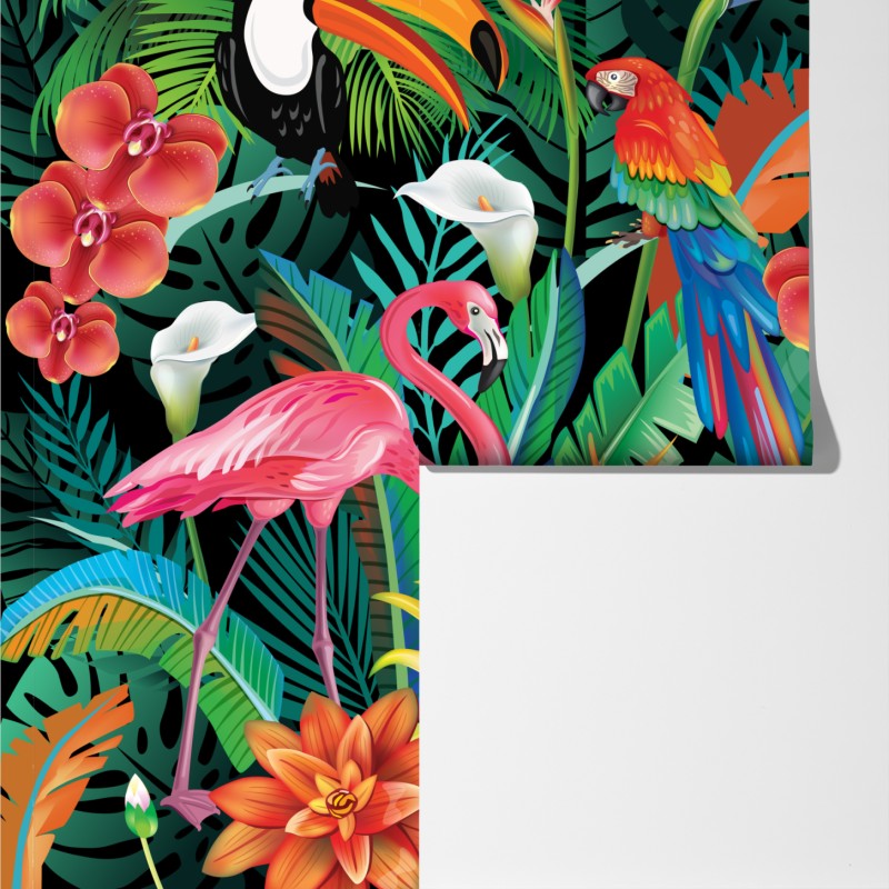 Fototapeta żywe tropikalne ptaki i kwiaty – Wallissimo® Fototapeta żywe tropikalne ptaki i kwiaty – Wallissimo®