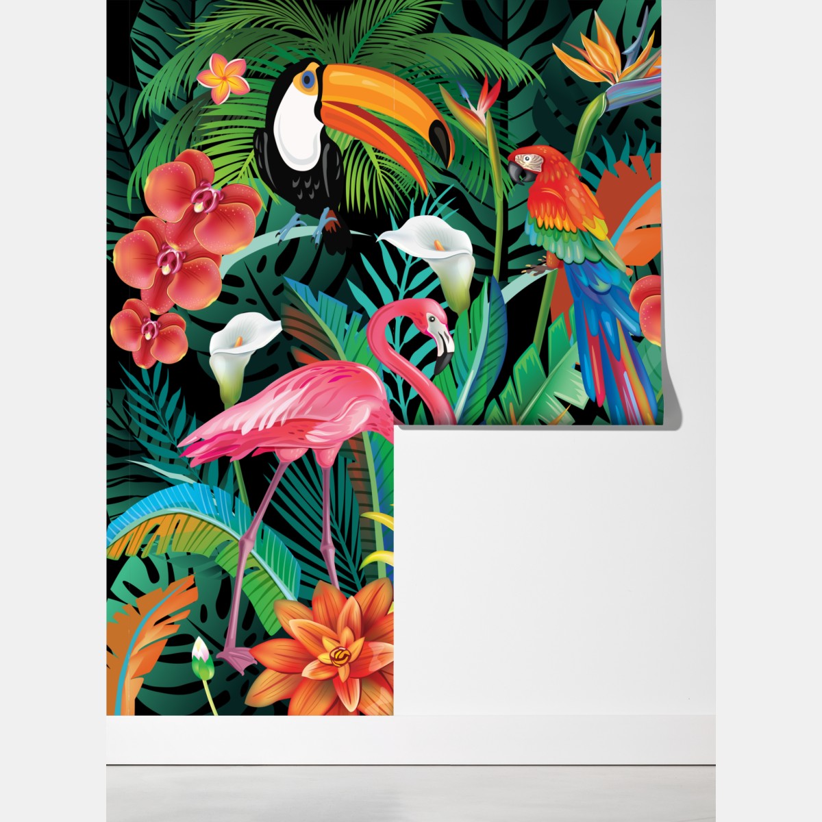 Fototapeta żywe tropikalne ptaki i kwiaty – Wallissimo® Fototapeta żywe tropikalne ptaki i kwiaty – Wallissimo®
