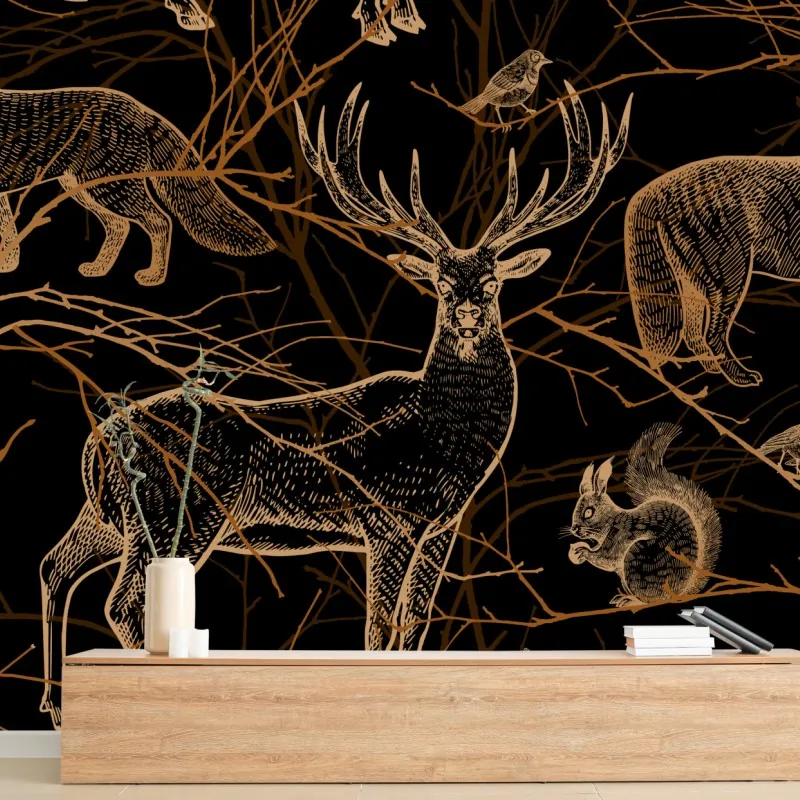 Fototapeta złote zwierzęta leśne na czarnym tle – Wallissimo® Fototapeta złote zwierzęta leśne na czarnym tle – Wallissimo®