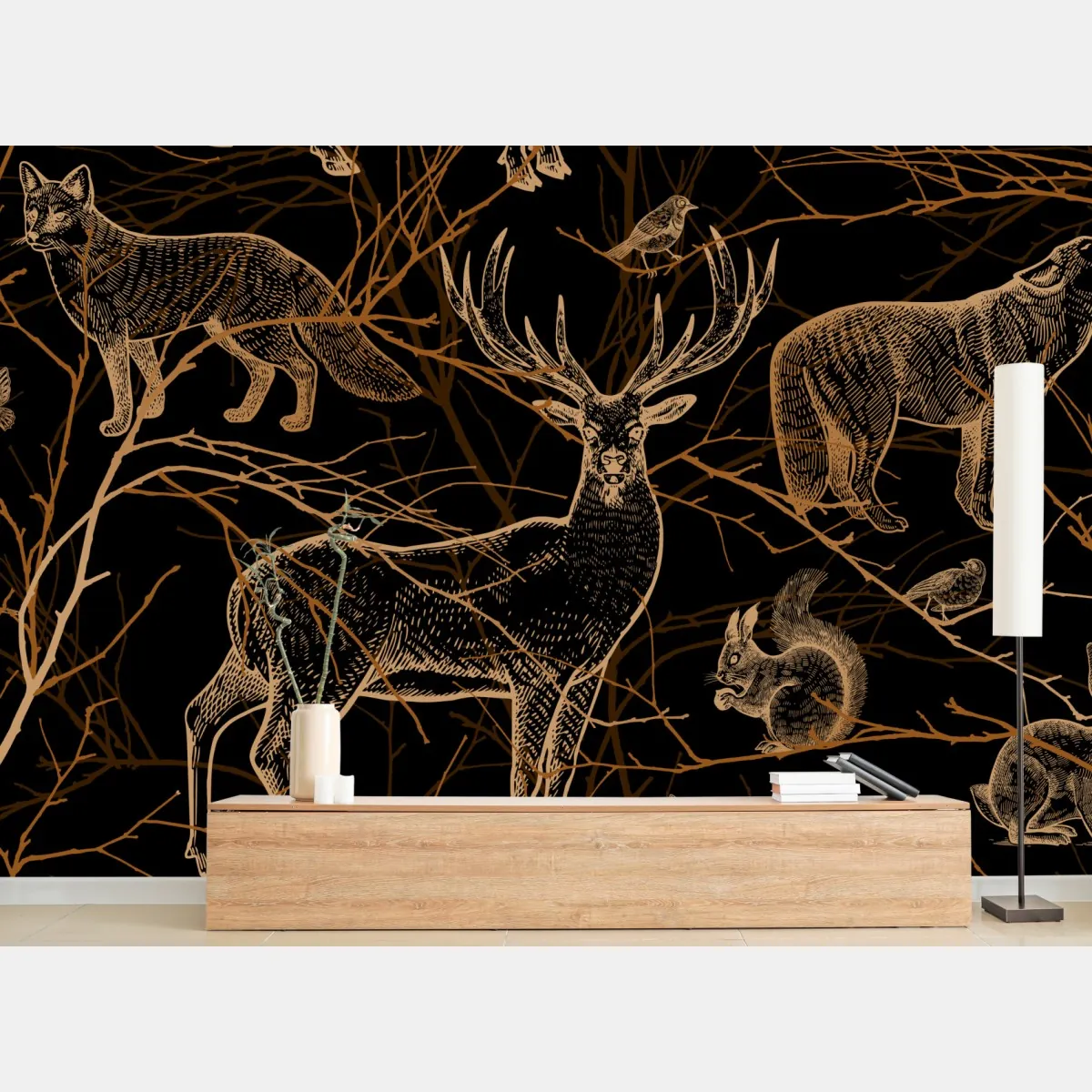 Fototapeta złote zwierzęta leśne na czarnym tle – Wallissimo® Fototapeta złote zwierzęta leśne na czarnym tle – Wallissimo®