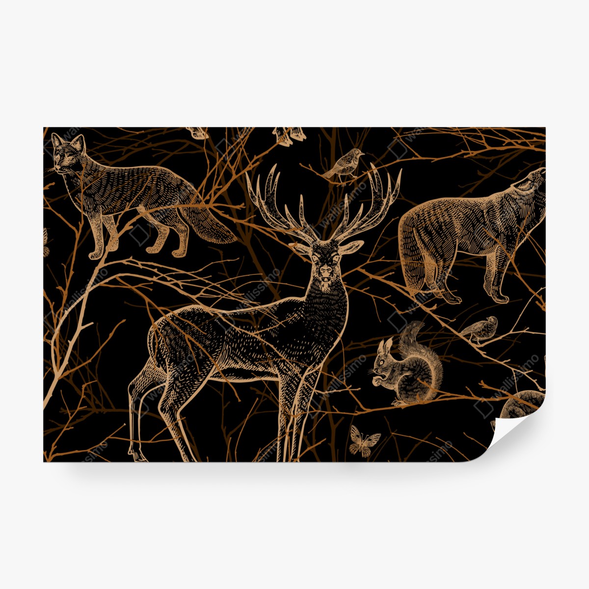 Fototapeta złote zwierzęta leśne na czarnym tle – Wallissimo® Fototapeta złote zwierzęta leśne na czarnym tle – Wallissimo®