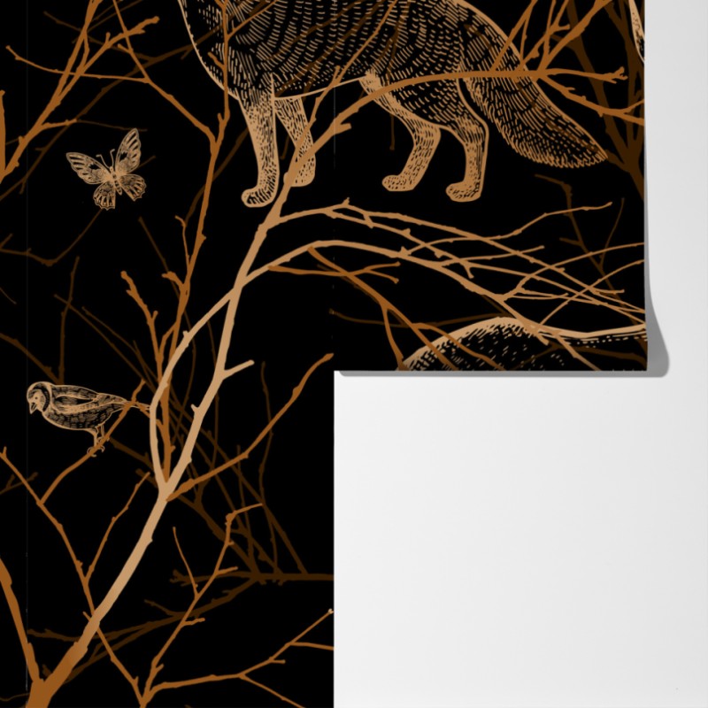 Fototapeta złote zwierzęta leśne na czarnym tle – Wallissimo® Fototapeta złote zwierzęta leśne na czarnym tle – Wallissimo®