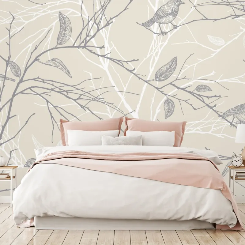 Fototapeta delikatny beżowy wzór z ptakami i gałęziami – Wallissimo® Fototapeta delikatny beżowy wzór z ptakami i gałęziami – Wallissimo®