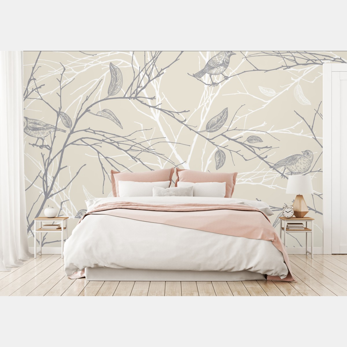 Wall mural soft beige bird and branch pattern