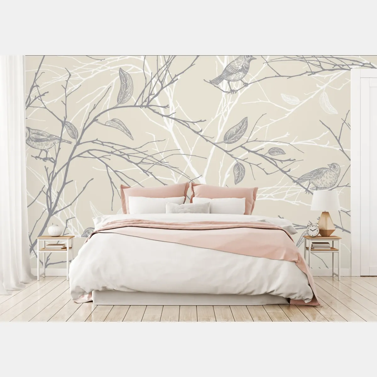 Fototapeta delikatny beżowy wzór z ptakami i gałęziami – Wallissimo® Fototapeta delikatny beżowy wzór z ptakami i gałęziami – Wallissimo®