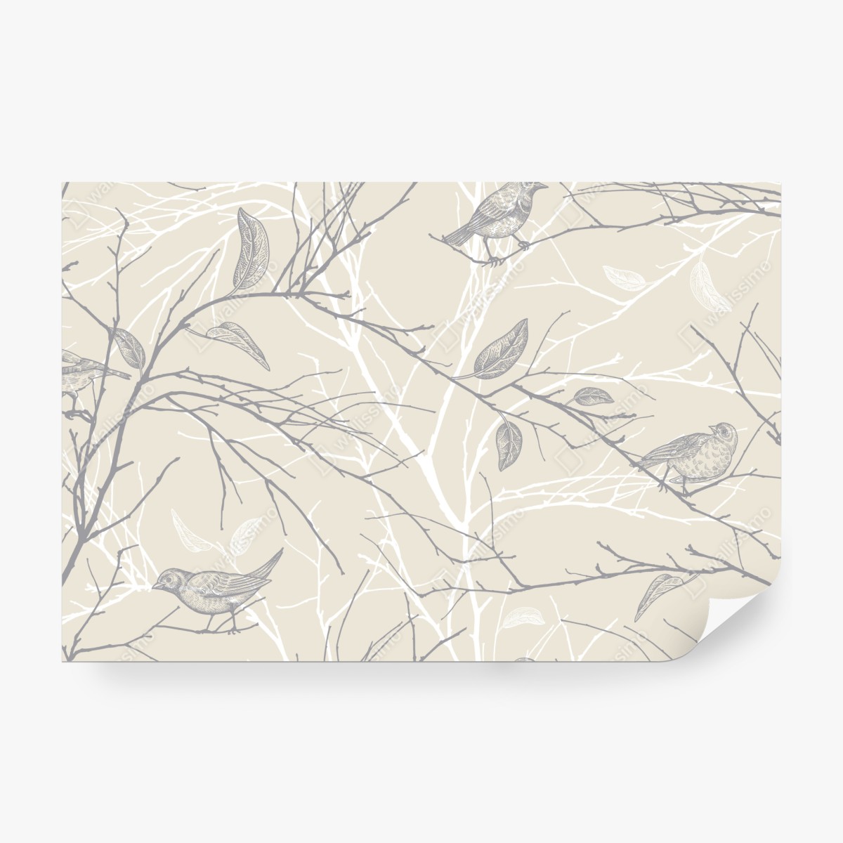 Fototapeta delikatny beżowy wzór z ptakami i gałęziami – Wallissimo® Fototapeta delikatny beżowy wzór z ptakami i gałęziami – Wallissimo®