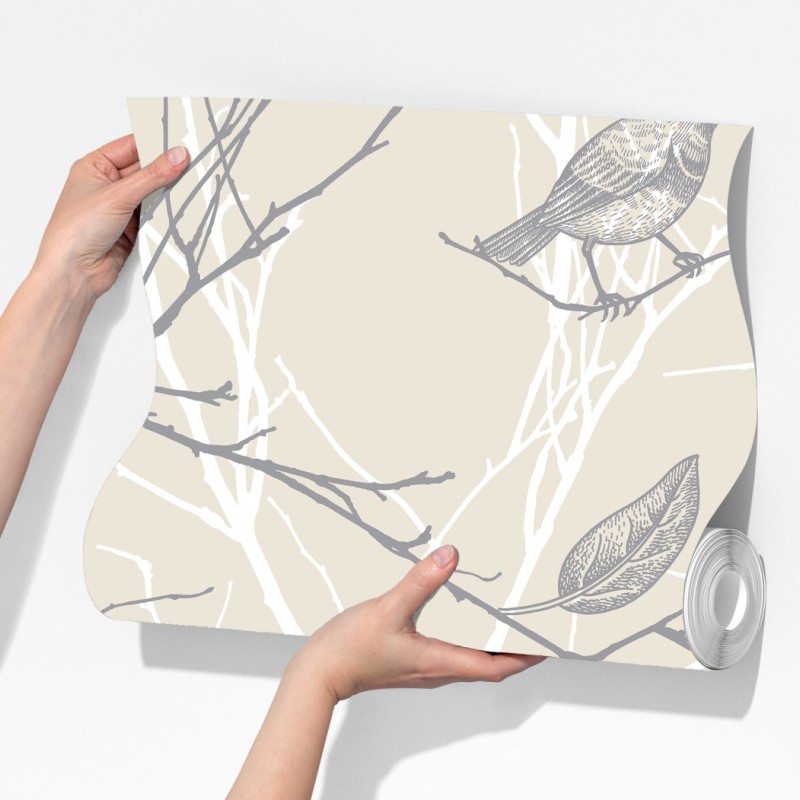 Fototapeta delikatny beżowy wzór z ptakami i gałęziami – Wallissimo® Fototapeta delikatny beżowy wzór z ptakami i gałęziami – Wallissimo®