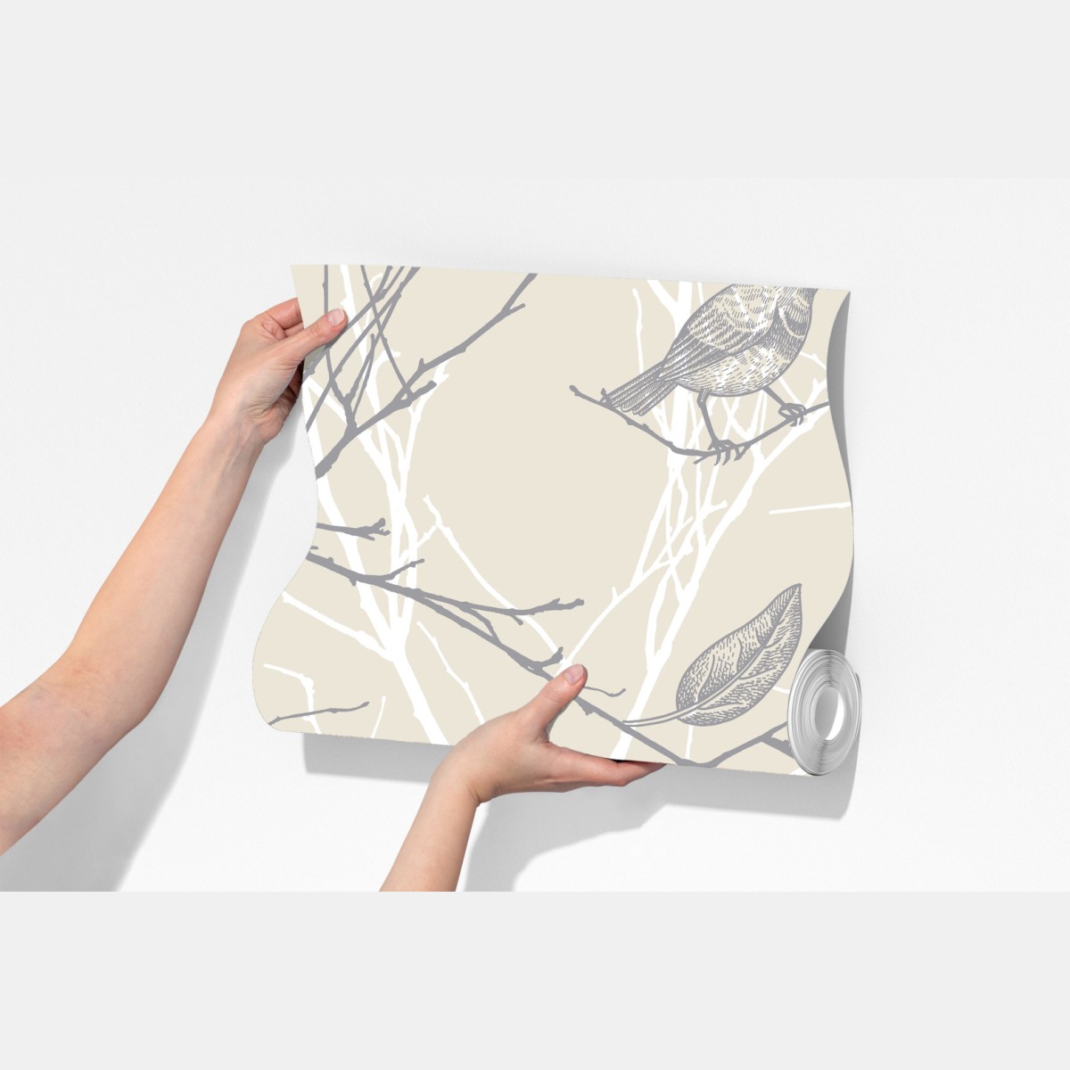 Fototapeta delikatny beżowy wzór z ptakami i gałęziami – Wallissimo® Fototapeta delikatny beżowy wzór z ptakami i gałęziami – Wallissimo®