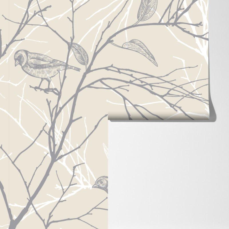 Fototapeta delikatny beżowy wzór z ptakami i gałęziami – Wallissimo® Fototapeta delikatny beżowy wzór z ptakami i gałęziami – Wallissimo®