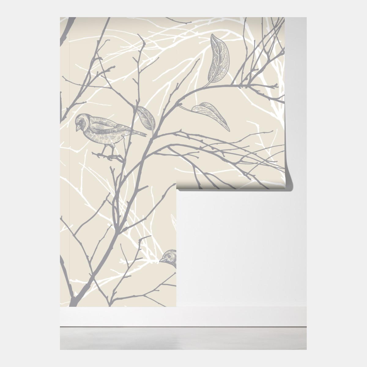 Fototapeta delikatny beżowy wzór z ptakami i gałęziami – Wallissimo® Fototapeta delikatny beżowy wzór z ptakami i gałęziami – Wallissimo®