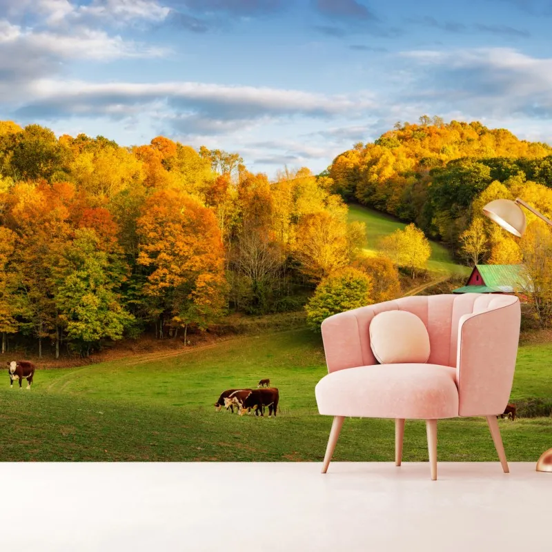 Fototapeta jesienny krajobraz wiejski z czerwoną stodołą