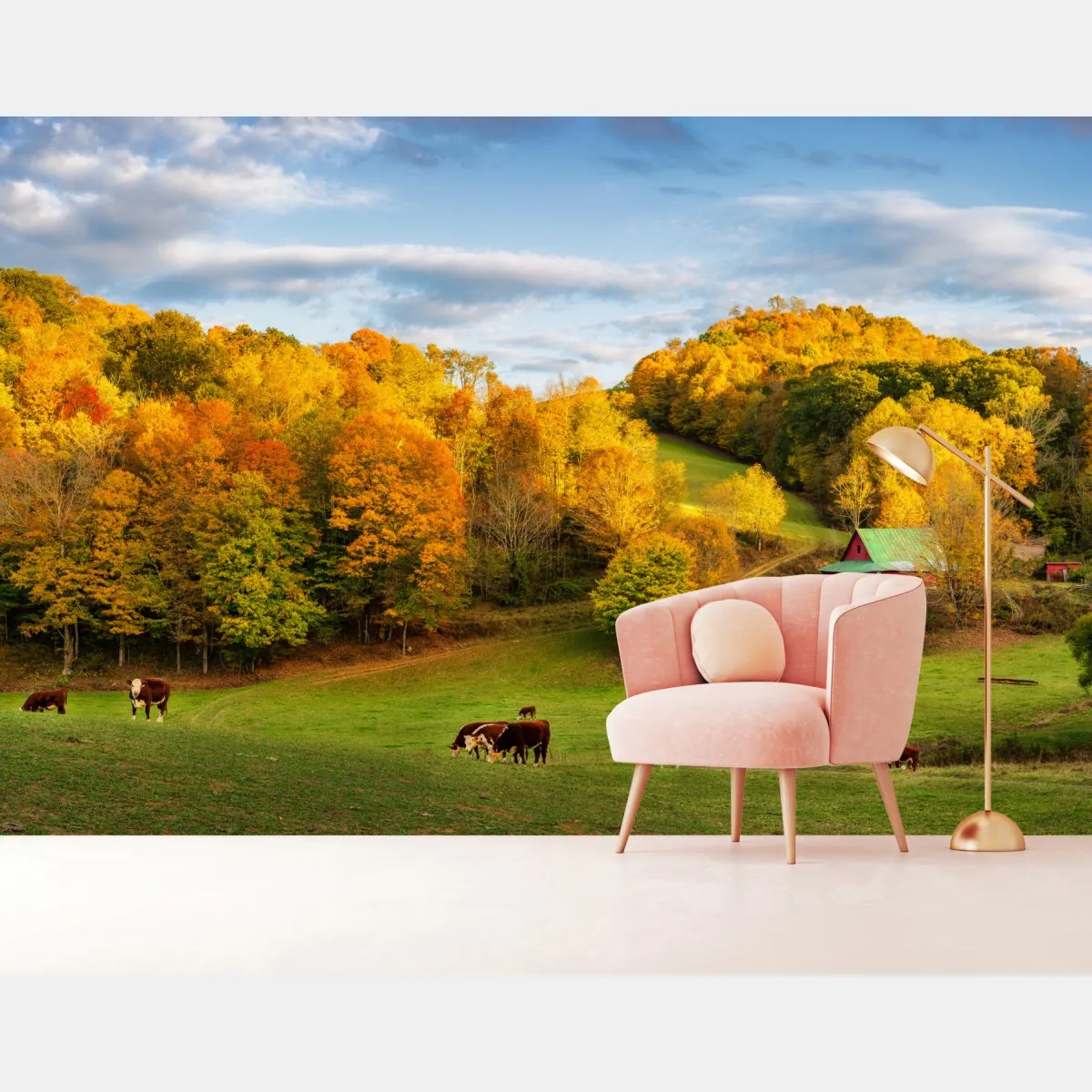 Fototapeta jesienny krajobraz wiejski z czerwoną stodołą – Wallissimo® Fototapeta jesienny krajobraz wiejski z czerwoną stodołą – Wallissimo®