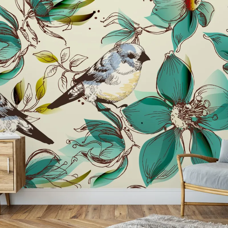 Fototapeta retro miętowy wzór kwiatów i ptaków