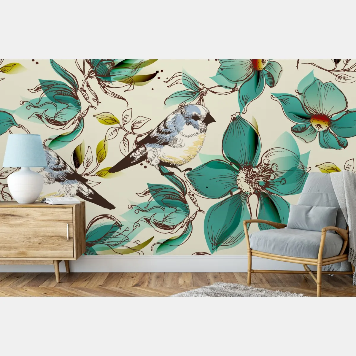 Fototapeta retro miętowy wzór kwiatów i ptaków – Wallissimo® Fototapeta retro miętowy wzór kwiatów i ptaków – Wallissimo®