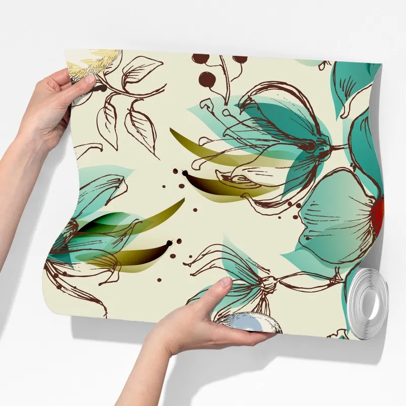 Fototapeta retro miętowy wzór kwiatów i ptaków – Wallissimo® Fototapeta retro miętowy wzór kwiatów i ptaków – Wallissimo®