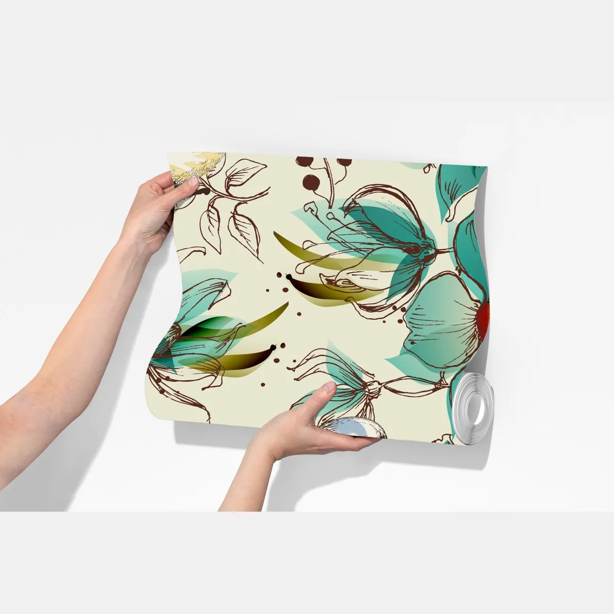 Fototapeta retro miętowy wzór kwiatów i ptaków – Wallissimo® Fototapeta retro miętowy wzór kwiatów i ptaków – Wallissimo®