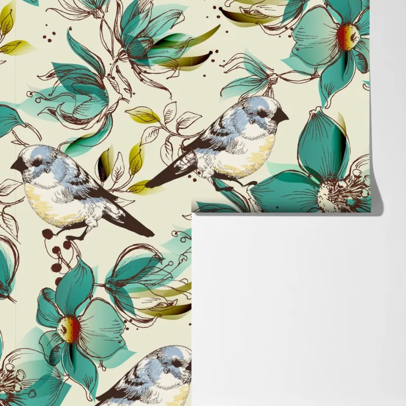 Fototapeta retro miętowy wzór kwiatów i ptaków – Wallissimo® Fototapeta retro miętowy wzór kwiatów i ptaków – Wallissimo®