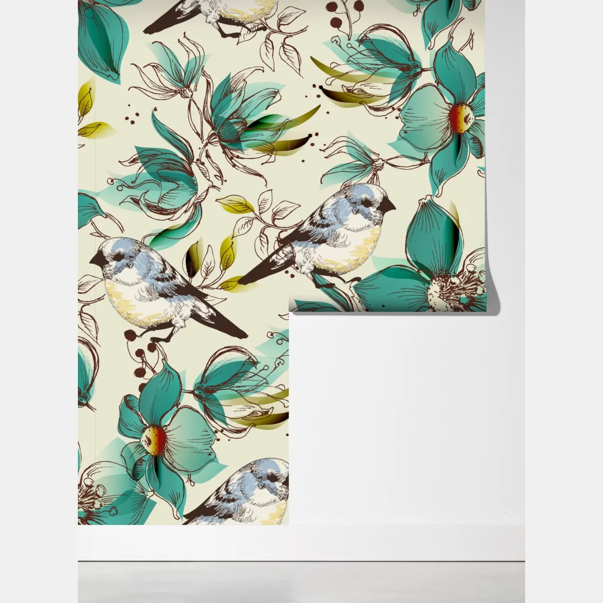 Fototapeta retro miętowy wzór kwiatów i ptaków – Wallissimo® Fototapeta retro miętowy wzór kwiatów i ptaków – Wallissimo®