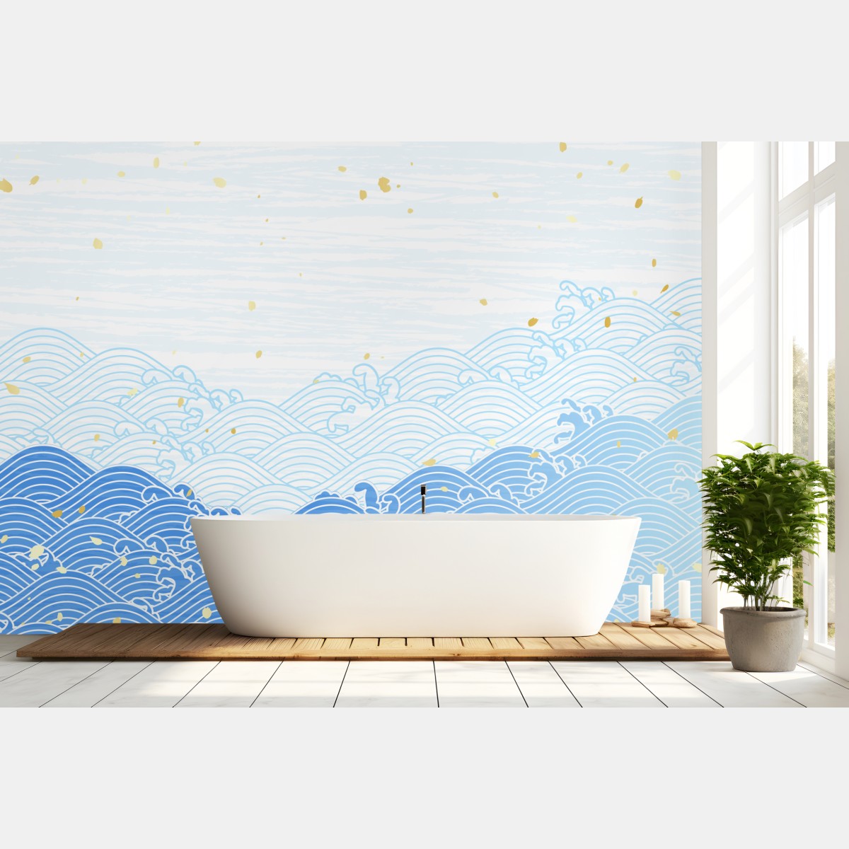Wall mural calm blue waves with gold accents
