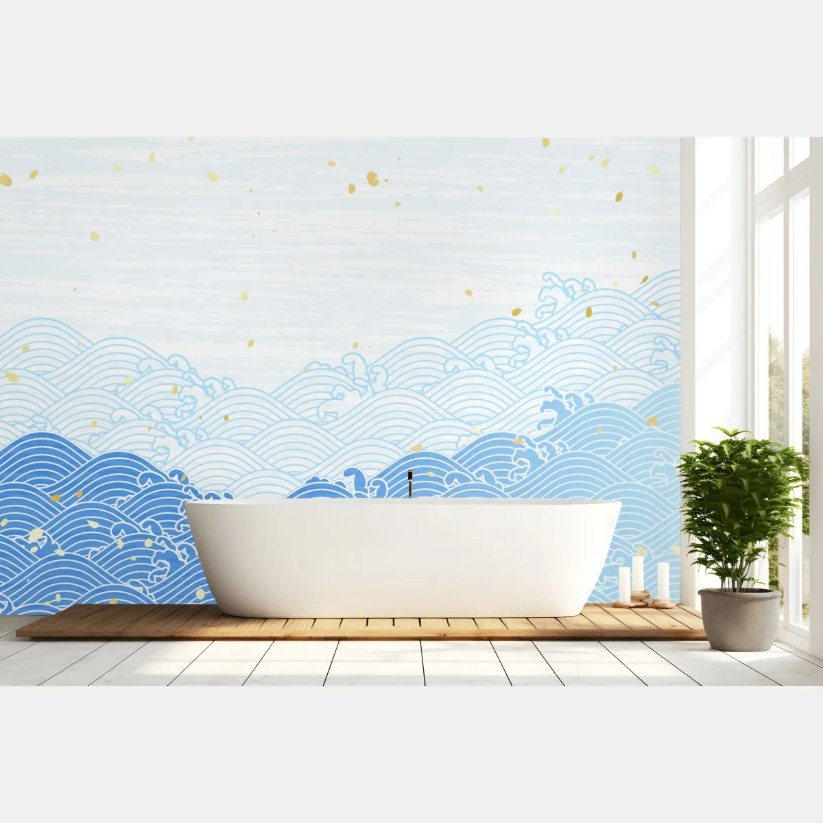 Fototapeta spokojne niebieskie fale ze złotymi akcentami – Wallissimo® Fototapeta spokojne niebieskie fale ze złotymi akcentami – Wallissimo®