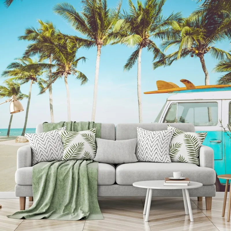 Fototapeta stary furgon z deską surfingową na tropikalnej plaży