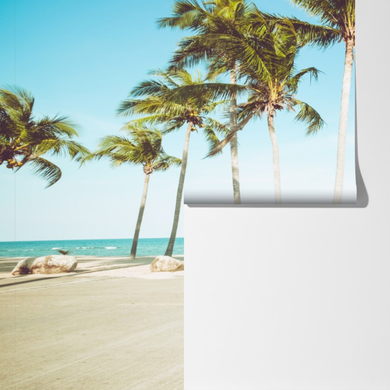 Fototapeta stary furgon z deską surfingową na tropikalnej plaży – Wallissimo® Fototapeta stary furgon z deską surfingową na tropikalnej plaży – Wallissimo®