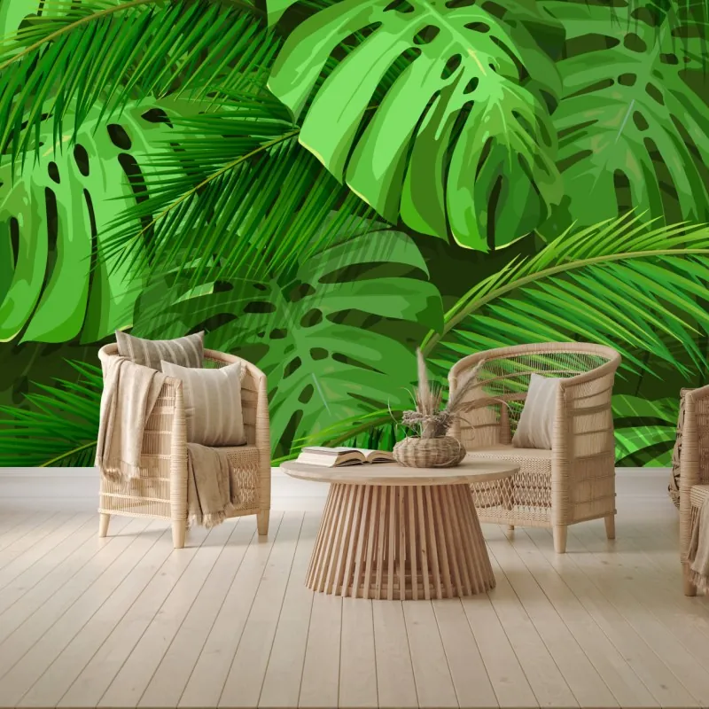 Fototapeta bujne tropikalne liście monstery i palmy – Wallissimo® Fototapeta bujne tropikalne liście monstery i palmy – Wallissimo®