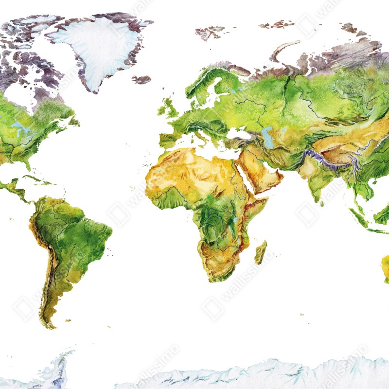 Fototapeta akwarelowa mapa fizyczna świata – Wallissimo® Fototapeta akwarelowa mapa fizyczna świata – Wallissimo®