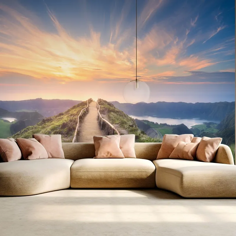 Fototapeta ścieżka na grzbiecie górskim przy zachodzie słońca nad jeziorem – Wallissimo® Fototapeta ścieżka na grzbiecie górskim przy zachodzie słońca nad jeziorem – Wallissimo®