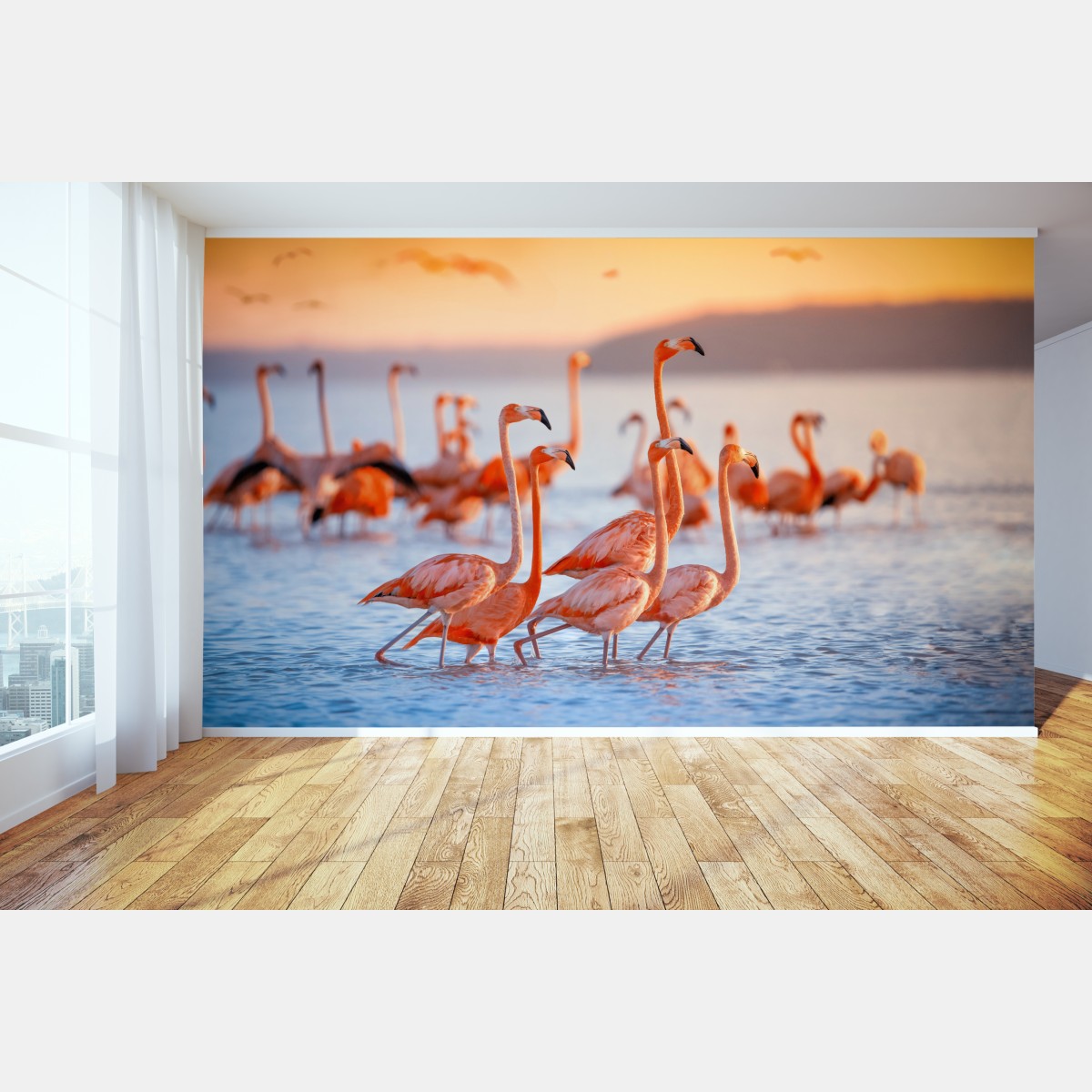 Wall mural pink flamingos at sunset