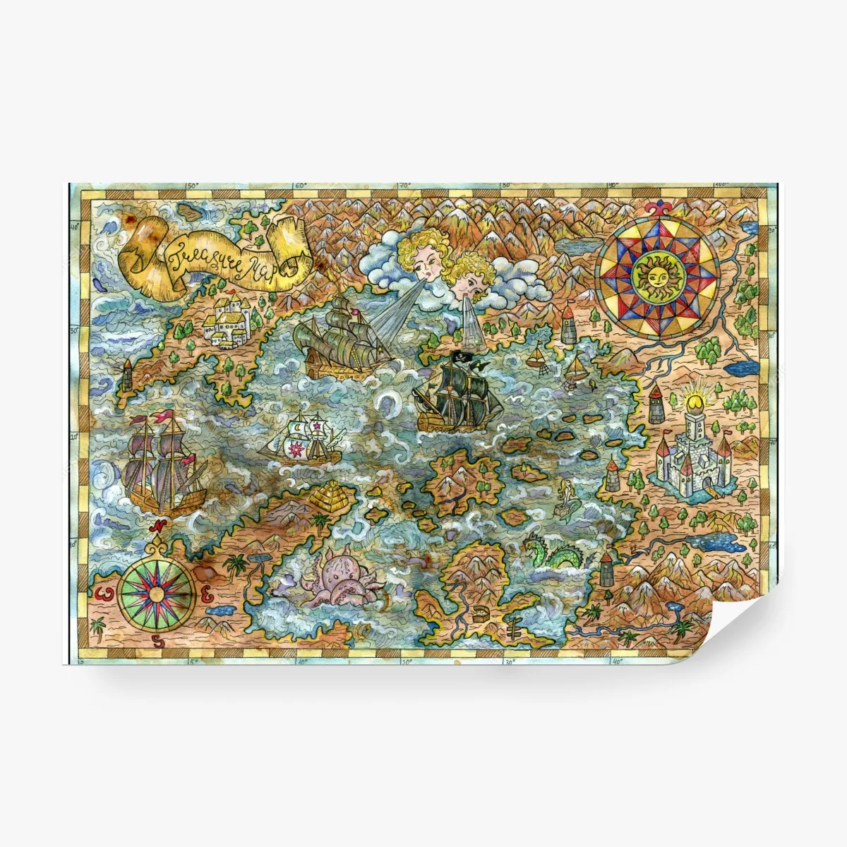 Fototapeta bajkowa mapa skarbów w technice akwareli – Wallissimo® Fototapeta bajkowa mapa skarbów w technice akwareli – Wallissimo®