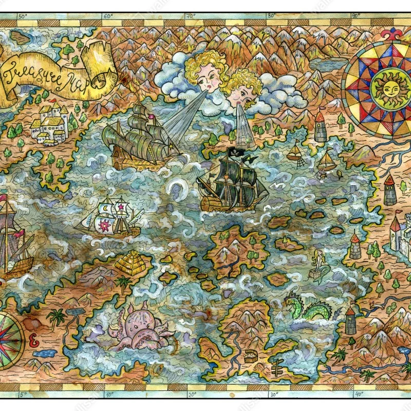 Fototapeta bajkowa mapa skarbów w technice akwareli – Wallissimo® Fototapeta bajkowa mapa skarbów w technice akwareli – Wallissimo®