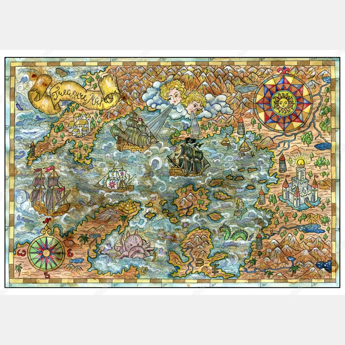 Fototapeta bajkowa mapa skarbów w technice akwareli – Wallissimo® Fototapeta bajkowa mapa skarbów w technice akwareli – Wallissimo®