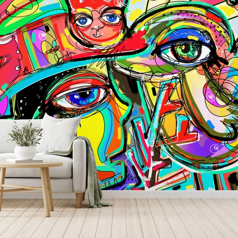 Fototapeta żywe abstrakcyjne twarze z kotem i ptakiem