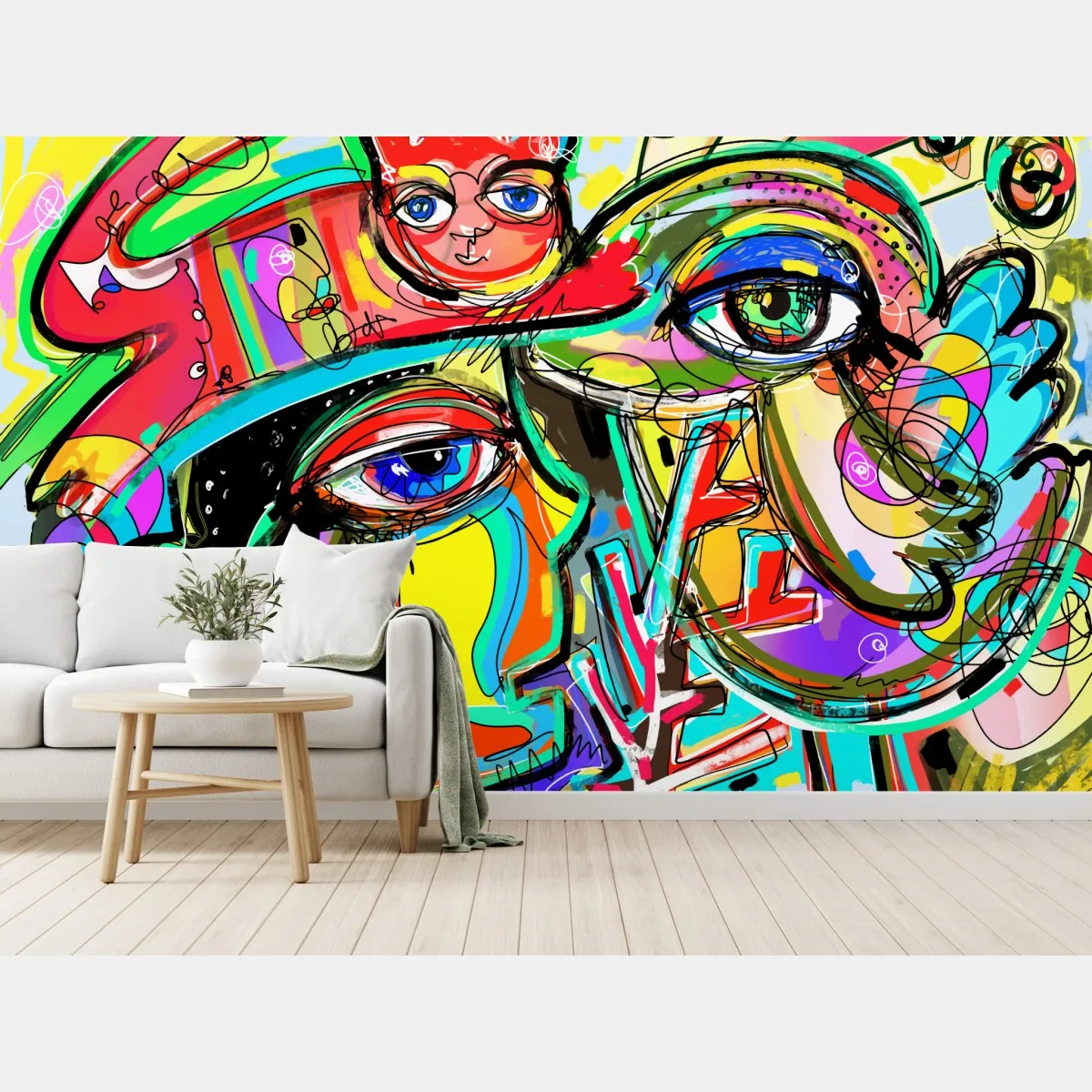 Fototapeta żywe abstrakcyjne twarze z kotem i ptakiem – Wallissimo® Fototapeta żywe abstrakcyjne twarze z kotem i ptakiem – Wallissimo®