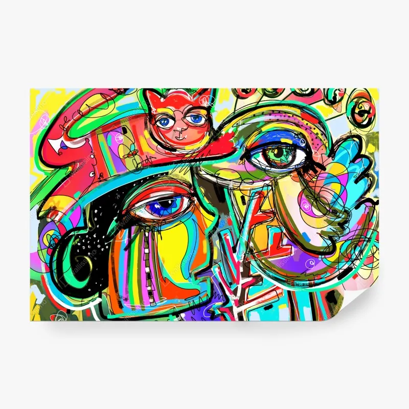 Fototapeta żywe abstrakcyjne twarze z kotem i ptakiem