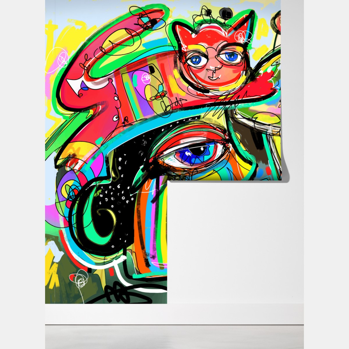 Fototapeta żywe abstrakcyjne twarze z kotem i ptakiem – Wallissimo® Fototapeta żywe abstrakcyjne twarze z kotem i ptakiem – Wallissimo®