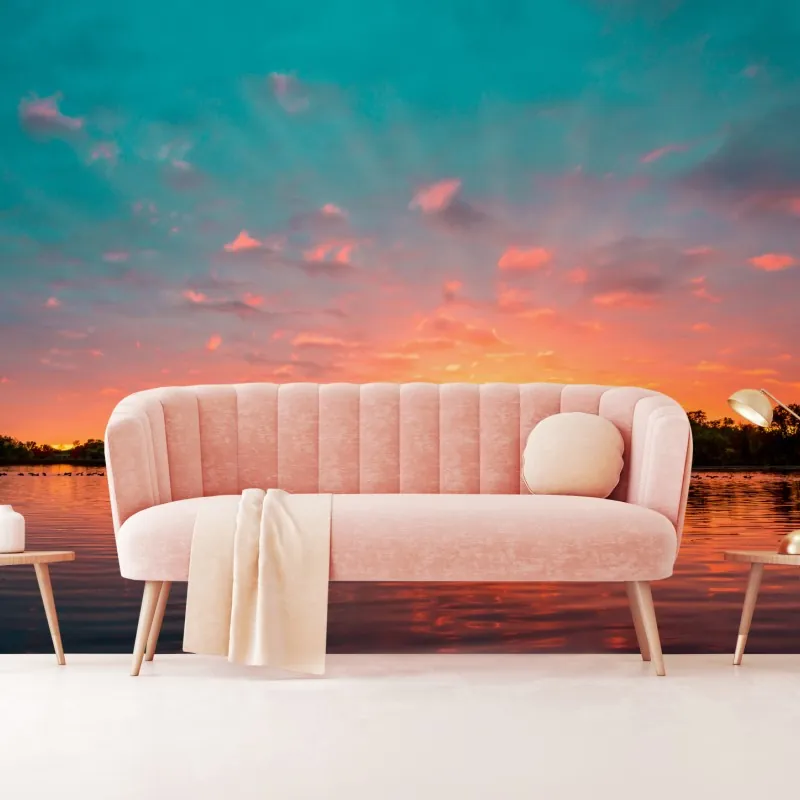 Fototapeta turkusowy zachód słońca nad spokojnym jeziorem