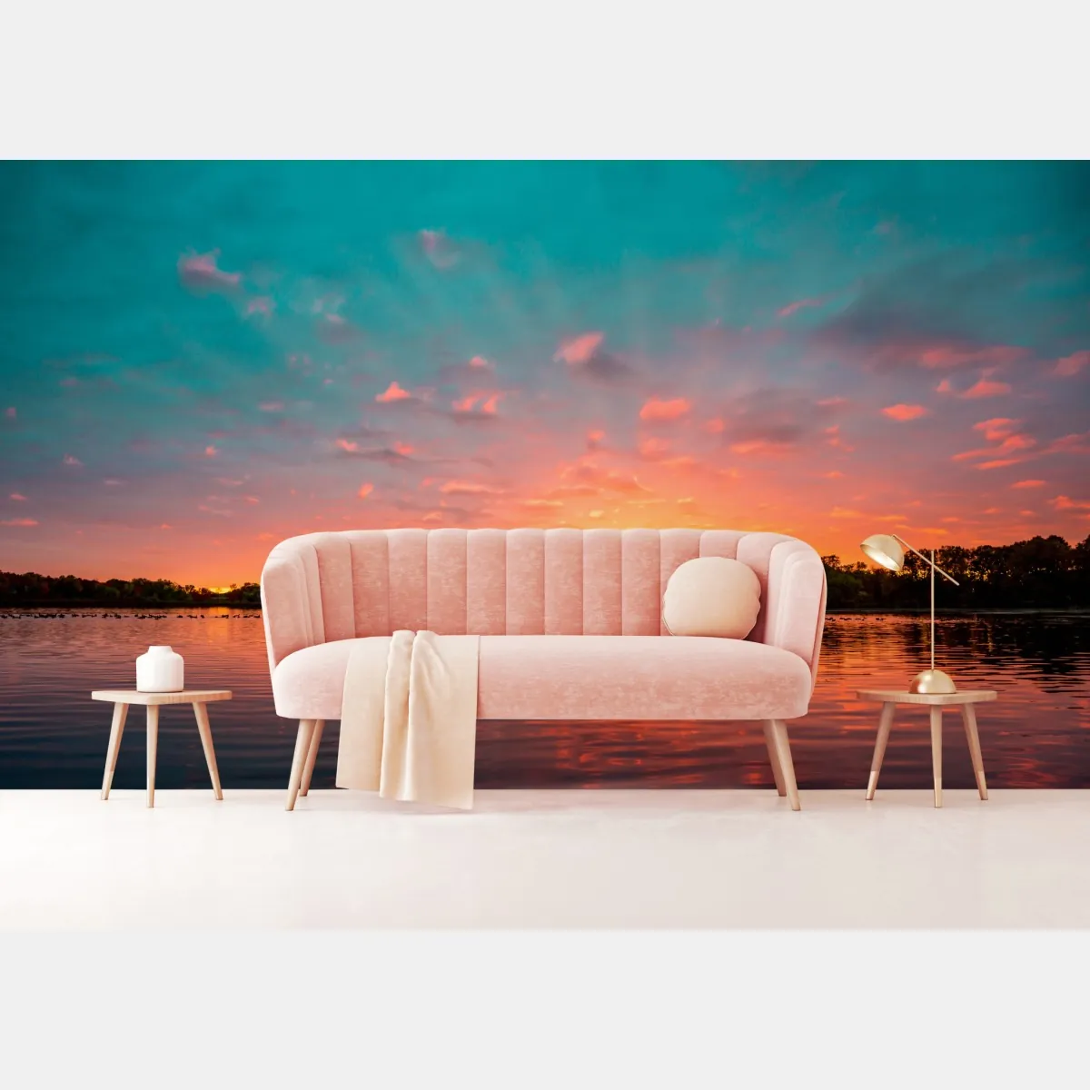 Fototapeta turkusowy zachód słońca nad spokojnym jeziorem – Wallissimo® Fototapeta turkusowy zachód słońca nad spokojnym jeziorem – Wallissimo®