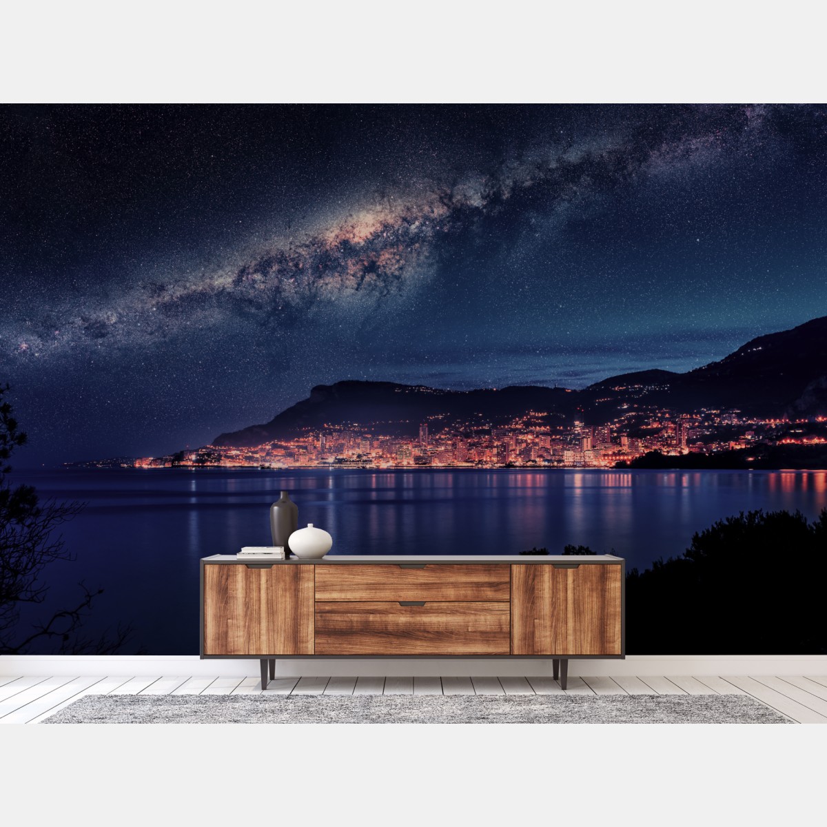 Wall mural coastal city under the milky way