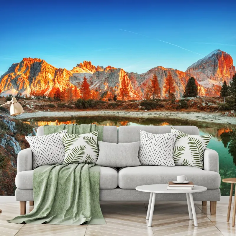 Fototapeta alpejski wschód słońca nad górskim jeziorem – Wallissimo® Fototapeta alpejski wschód słońca nad górskim jeziorem – Wallissimo®